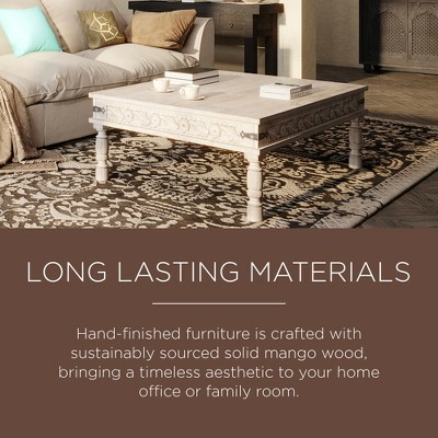 Emin Natural Mango Wood Rectangular Coffee Table with Carved Details