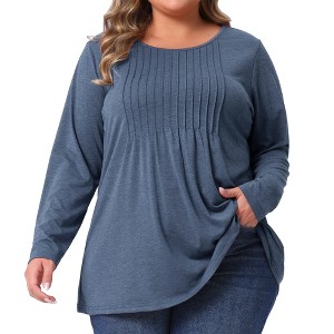 Women's Plus Size Pleated Crew Neck Long Sleeve Soft Casual Tunic T-Shirt - Agnes Orinda - 1 of 4