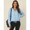 Seta T Women's Fall Casual Striped Long Sleeve Polo V Neck Pullover Drop Shoulder Knitted Sweater Tops - 2 of 4