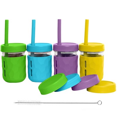 WeeSprout Glass Cups with Lids & Straws, Spill-Resistant Cups for Toddlers & Kids, Set of 4
