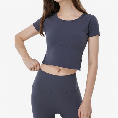 Anna-Kaci Active Women's Fitted Short Sleeve Crop Top with Side Slit Hem