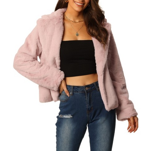 Womens Faux Fur Coat Jacket Solid Long Sleeve Shaggy Jacket Warm Winter  Long Sleeve Crop Tops Lapel Zipper Outwear