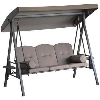 Outsunny Outdoor Patio 3-Person Steel Canopy Cushioned Seat Bench Swing with Included Side Trays & Padded Comfort