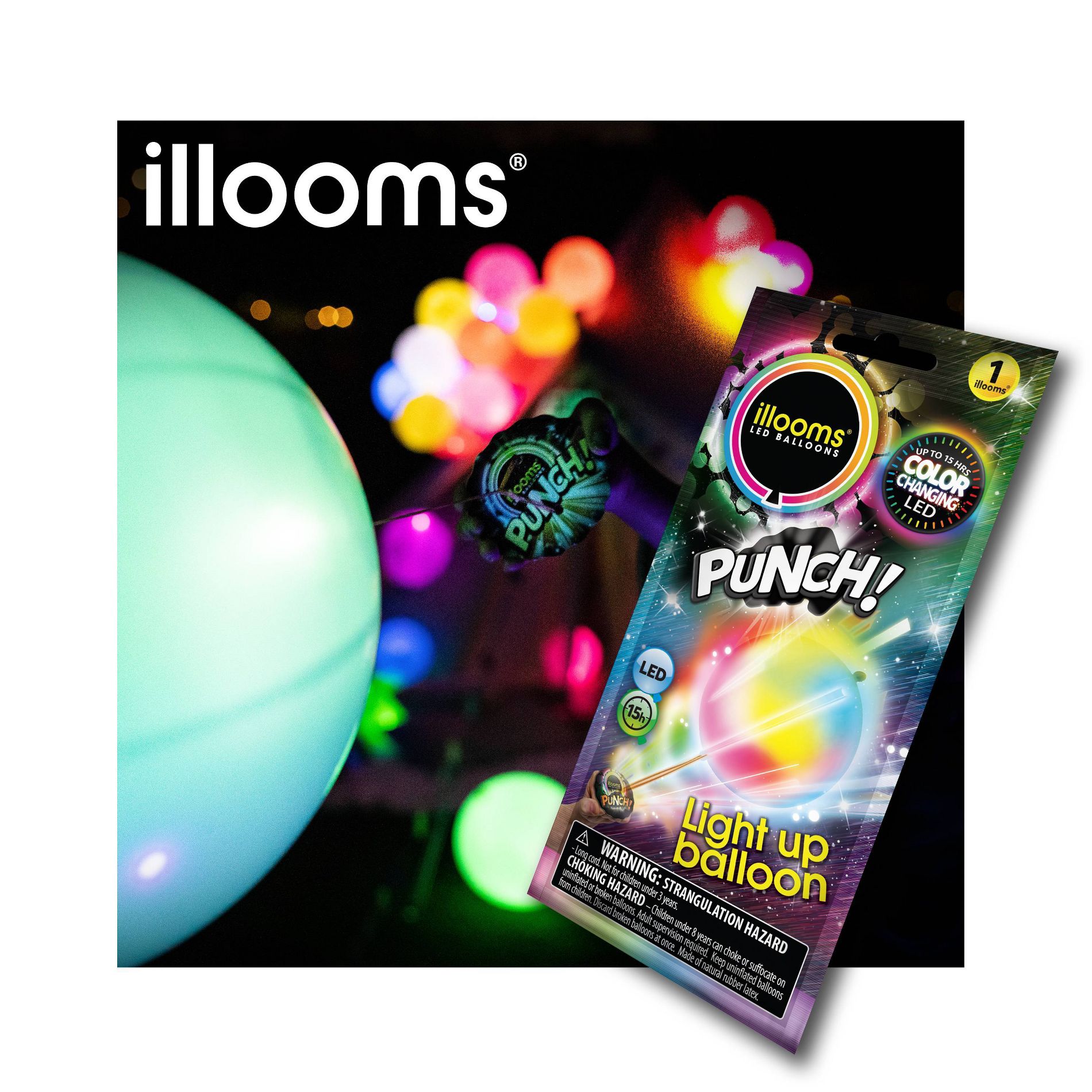 illooms LED Light Up Color Changing Punch Balloon: Multicolor Marble, Kids Birthday, Includes Batteries, 8+ Years