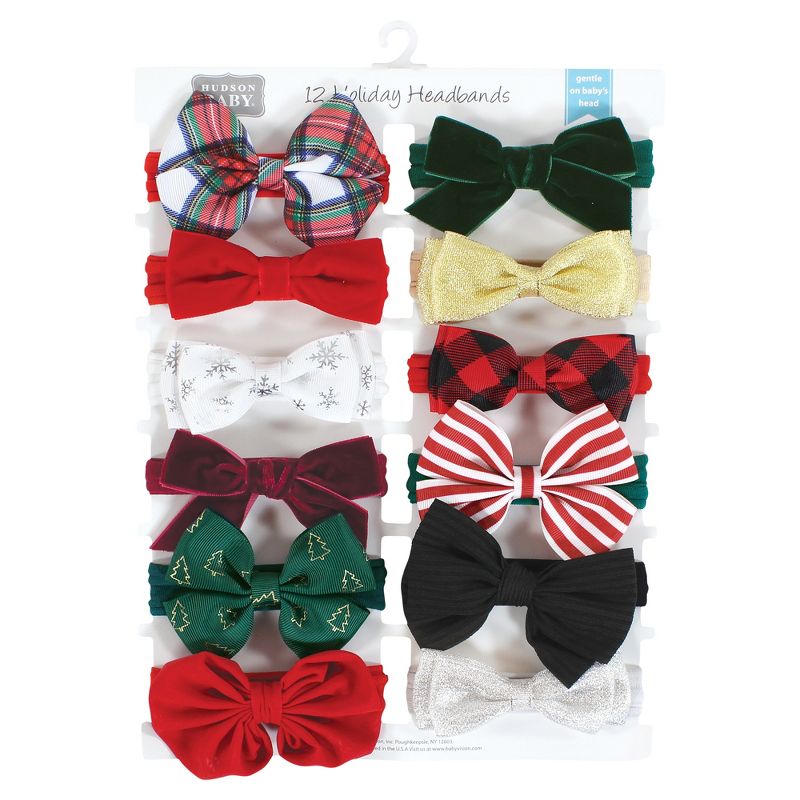 Hudson Baby Infant Girl Cotton and Synthetic Headbands, 12 Days Of Christmas Plaid, 0-24 Months, 2 of 9