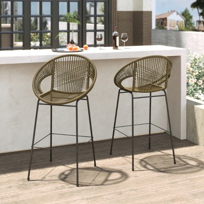 42''H Outdoor Armless Height Bar Stools Set of 2,Wicker Patio Barstool with Footrest,Metal Woven Back Bar Chairs for Garden,Balcony-Coolbibila
