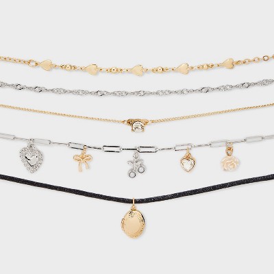Heart Cherry & Locket Choker Necklace Set 5pc - Wild Fable™ Silver/Gold: Lobster Claw Clasp, Iron Material, 12" Length