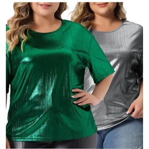 Agnes Orinda Women's Plus Size Metallic Holographic Concert Carnival Party Packs Blouses - 1 of 4