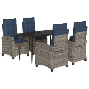 vidaXL 5-Piece Poly Rattan Patio Dining Set - Gray Outdoor Furniture with Adjustable Recliners, Tempered Glass Table, and Navy Cushions - 1 of 4