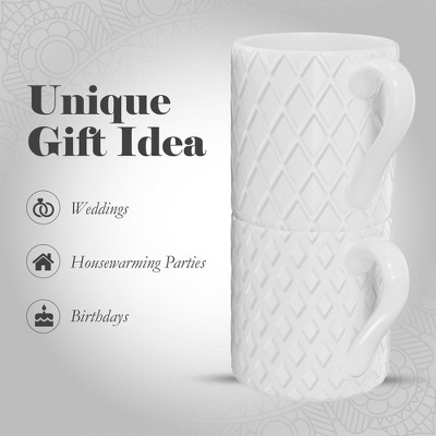 Embossed White Ceramic Mini Espresso Cups with Metal Stand, Set of 4
