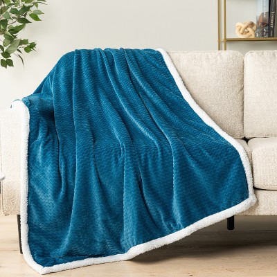 Reversible Teal Blue Sherpa Fleece Throw Blanket