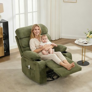 Massage Rocker Recliner with Heat, 360° Swivel Glider, Linen Fabric Nursery Chair with Side Pocket & Cup Holders, for Living Room or Bedroom - 1 of 4