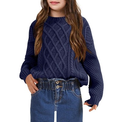 Girls Pullover Sweater Cable Knit Crew Neck Long Sleeve Sweater Knit Tops,Navy - M