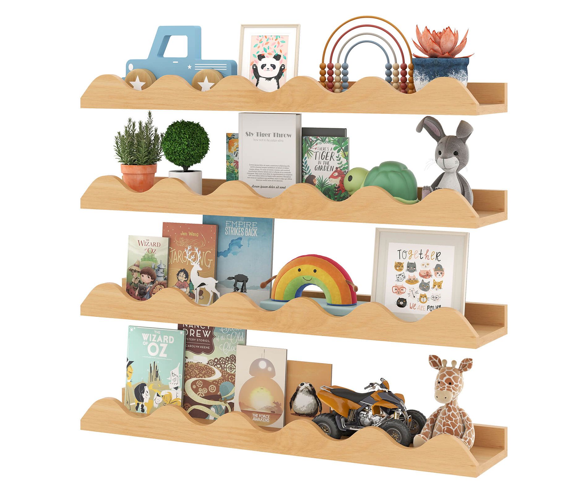 Costway Kids Bookshelf Set of 4 with Fir Wood Structure & Wavy Anti-Falling Edge