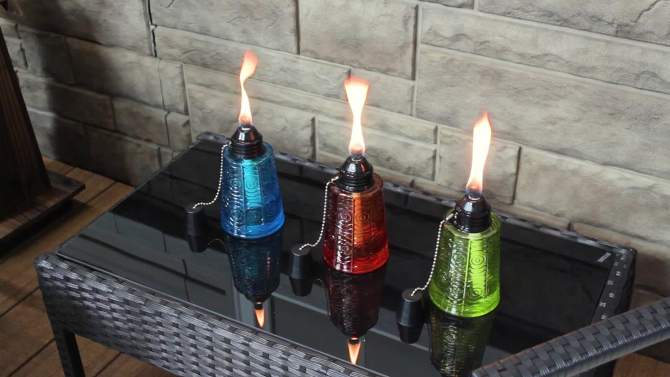 Sunnydaze Outdoor Refillable Glass Tabletop Torches with Long-Lasting Fiberglass Wicks - Blue, Orange, and Green - 3pc, 2 of 12, play video