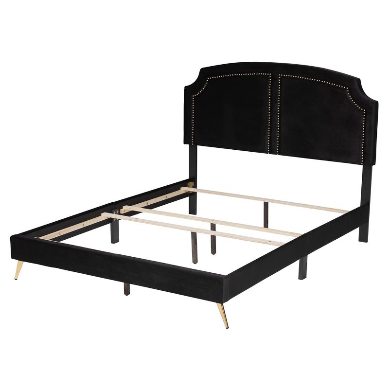 Baxton Studio Oxley Traditional Glam and Luxe Black Velvet and Gold Metal Queen Size Panel Bed, 4 of 8