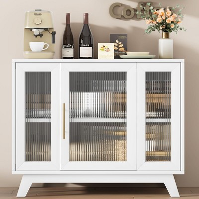 Retro Buffet Cabinet w/Fluted Glass Doors, 36" Kitchen Storage Sideboard, Multifunctional Coffee Bar Cabinet w/Adjustable Shelves for Dining Room