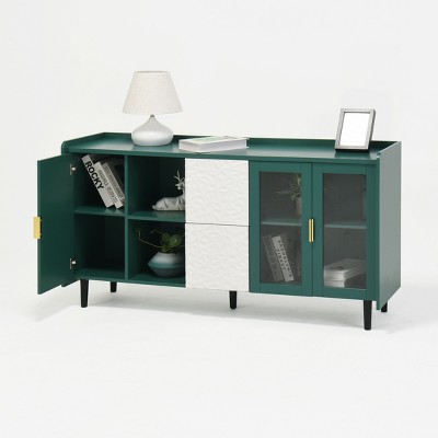 Lirago,59"D * 15.74"W * 31.5"H, Green Modern Storage Cabinet with 2 Glass Doors & 2 Drawers, Kitchen Pantry & Buffet Table for Living Room