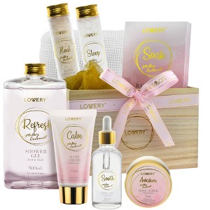 Luxury Home Spa Gift Basket - Milky Coconut Scent - Bath Pillow, Wooden Crate & More - 1 of 4