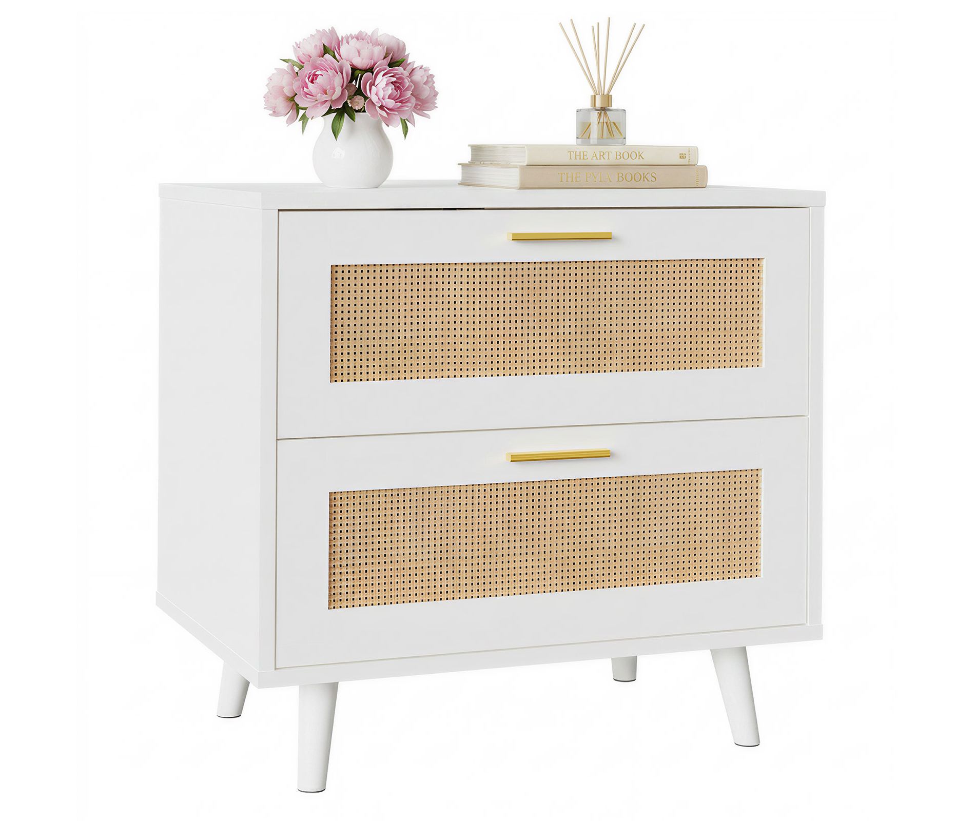 Rattan Nightstand , 23.6 Inch Wide Bedside Table with Charging Station and 2 Drawers for Modern Boho Bedroom