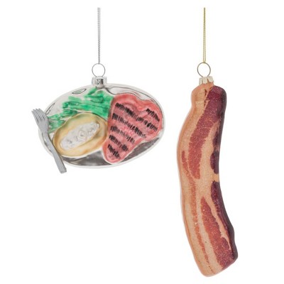 Transpac Glass Dinner/Bacon Ornament Set of 2 Christmas Home Decorations