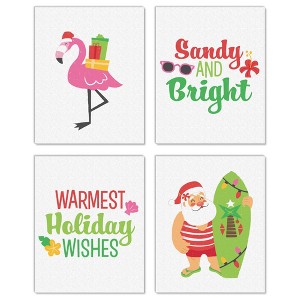 Big Dot of Happiness Tropical Christmas - Unframed Beach Santa and Flamingo Holiday Linen Paper Wall Art - Set of 4 - Artisms - 8 x 10 inches - 1 of 4