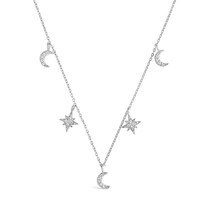 SHINE by Sterling Forever Sterling Silver CZ Moon & Burst Charm Necklace, 1 of 4