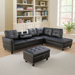 3-Piece L-Shaped Combination Sofa Set, Ginger Semi Pu Synthetic Leather Sofa - 1 of 4
