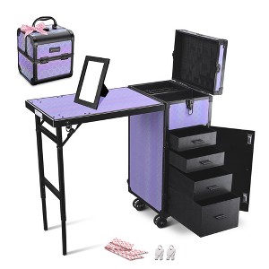 Byootique Portable Rolling Nail Table Kit with Makeup Train Case Aluminum Purple - 1 of 4