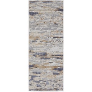 HomeRoots 8' Tan Ivory And Blue Abstract Distressed Runner Rug - 1 of 3