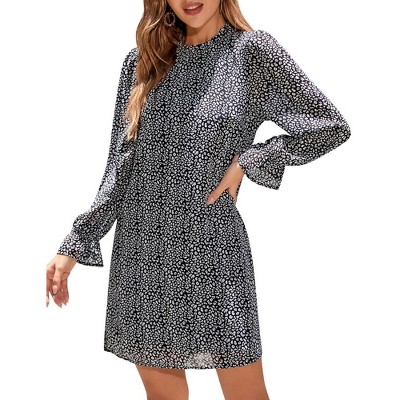 Women's Ruffle Mock Neck Long Sleeve Floral Print Mini Dress Casual Pleated Flowy Babydoll Short Dress