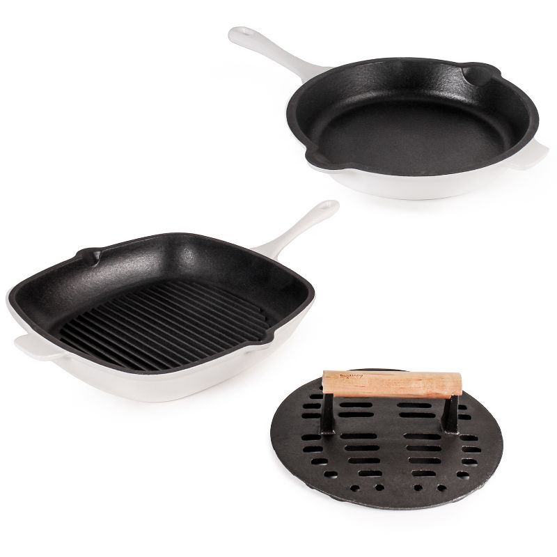 BergHOFF Neo 3Pc Cast Iron Cookware Set, Fry Pan 10", Square Grill Pan 11" & Slotted Steak Press, 1 of 9