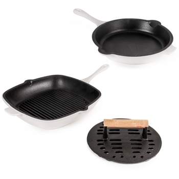 BergHOFF Neo 3Pc Cast Iron Cookware Set, Fry Pan 10", Square Grill Pan 11" & Slotted Steak Press