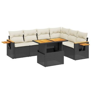 vidaXL 7 Piece Patio Sofa Set with Cushions Poly Rattan - Black and Cream without Storage - 1 of 4