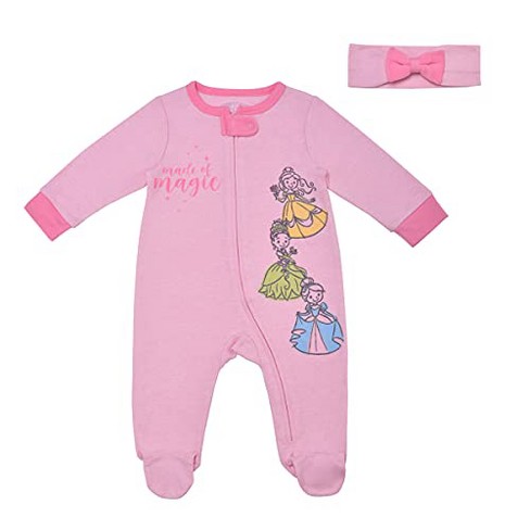 Disney Princess Girl S Made Of Magic Footed Baby Coverall Jumpsuit With Bow Headband Pink 3 Months Target