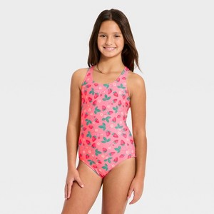 Girls' Strawberry Patch One Piece Swimsuit - Cat & Jack™ Coral Pink/Green - 1 of 3