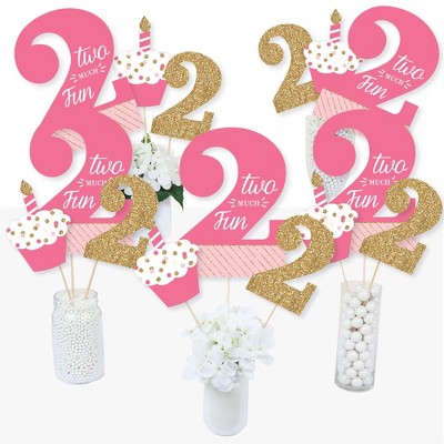 Big Dot of Happiness 2nd Birthday Girl - Two Much Fun - Second Birthday Party Centerpiece Sticks - Table Toppers - Set of 15