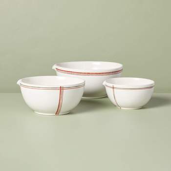 3pc Christmas Plaid Stripes Stoneware Mixing Bowl Set Cream/Red/Green - Hearth & Hand™ with Magnolia