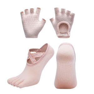 Anna-Kaci Women's Non-Slip Grip Yoga Sock and Fingerless Glove Set with Toe Separation and Ballet Strap Detail - 1 of 4