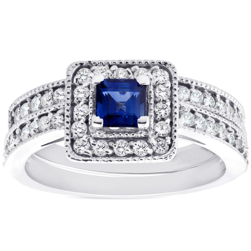 Pompeii3 1ct Blue Sapphire Princess Cut Halo Diamond Ring Set 14K White Gold, 1 of 5