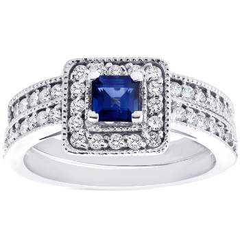 Pompeii3 1ct Blue Sapphire Princess Cut Halo Diamond Ring Set 14K White Gold