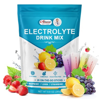 Alliwise Sugar Free Fruit Flavors Electrolyte Drink Mix - 8 Electrolytes 5 Vitamins & Minerals - Vegan Non-GMO - 28 Sticks
