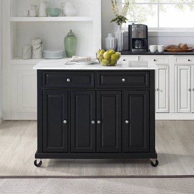 Avery Distressed Black Kitchen Island with Faux-Marble Top