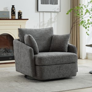 Gulches 40.55"W Oversized Swivel Accent Chair with 2 Throw Pillows 360¡ã Metal Base, Charcoal Chenille, Cozy Club Chair - 1 of 4