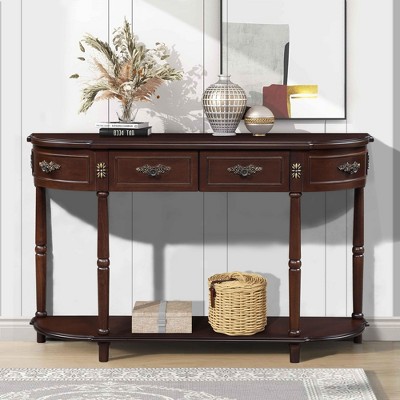 VYNXARIA Retro Curved Wood Console Table,52 inch Circular Half Moon Sofa Table with Open Shelf and 2 Drawers