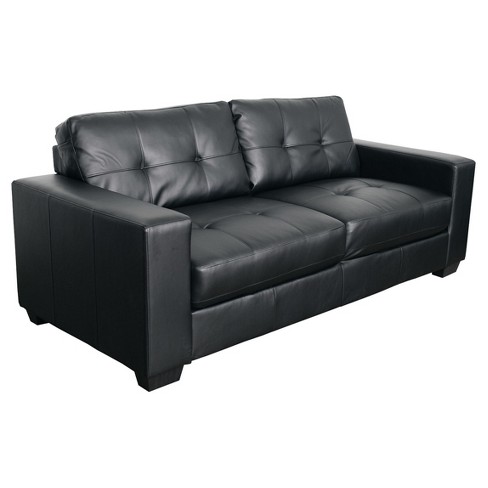 Club Tufted Black Bonded Leather Sofa, Black Bonded Leather Sofa