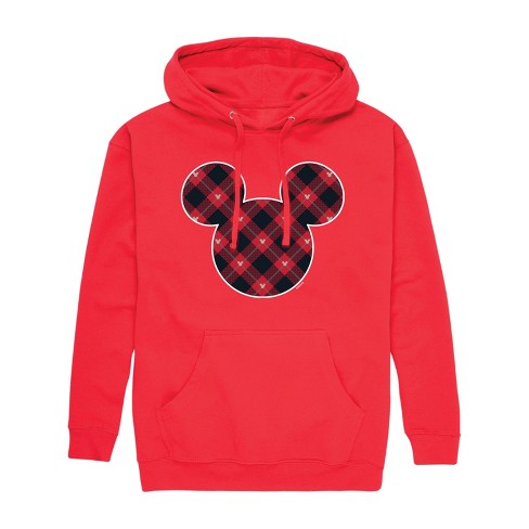 Men s Disney Mickey Mouse Plaid Silhouette Christmas Graphic Fleece Pullover Hoodie Red Medium Target