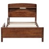 DOMETOUR Full Pine Wood Bed with Bookcase Headboard LED Motion Sensor Light, Bed Guardrails, Walnut - 3 of 4