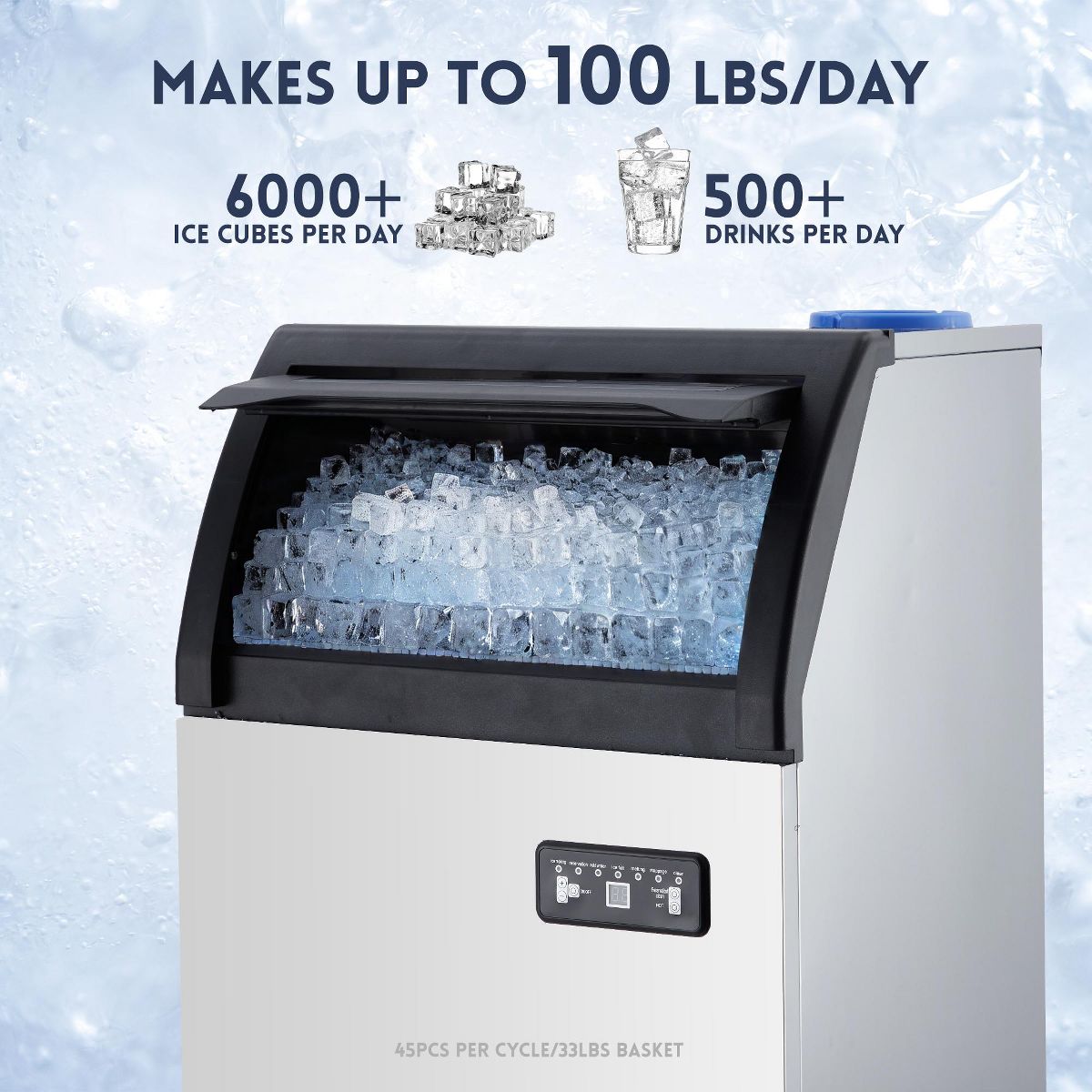 Commercial Ice Maker Machine – 100Lbs/24H, Under Counter Stainless Steel, 33Lbs Storage Bin, Dual Water Supply for Home, Restaurant, Coffee Bar - thumbnail 5