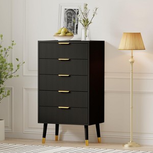 Fluted Dresser, Chest of Drawers with 5 Drawers, Gold Tone Handles & Feet, Nightstand Storage Cabinet for Living Room Entryway Hallway - 1 of 4